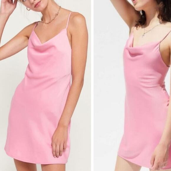 Urban Outfitters UO Mallory Rose Pink Drape Neck Satin Slip Dress size S - Picture 1 of 8